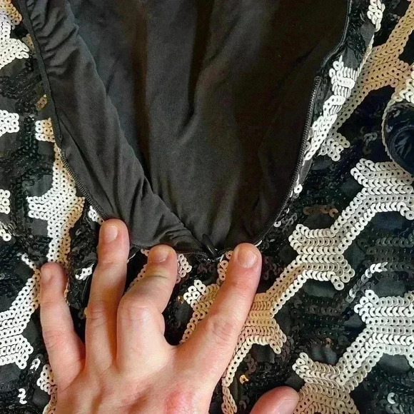 Dress the Population Lola Black Ivory Sequined Checkered Cocktail Mini Dress XS - Picture 6 of 6